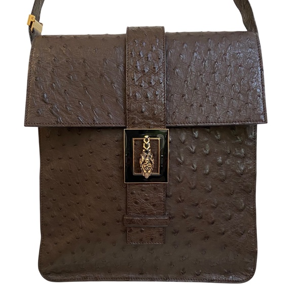 Authentic Gucci Ostrich Leather Bag w/ COA - Tiger Head - Chocolate Brown - Rare - Picture 1 of 15